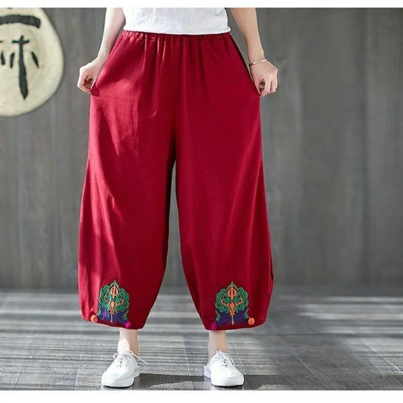 

Women Spring Summer New Mid Waist Cotton Hemp Harlen Pants Fashion Embroidered Ethnic Style Pants Casual Pockets Cropped Pants