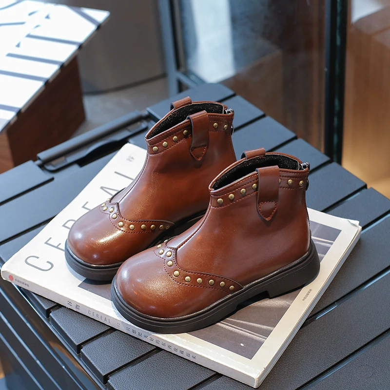 Kids PU Ankle Boots with Rivets for Boys and Girls