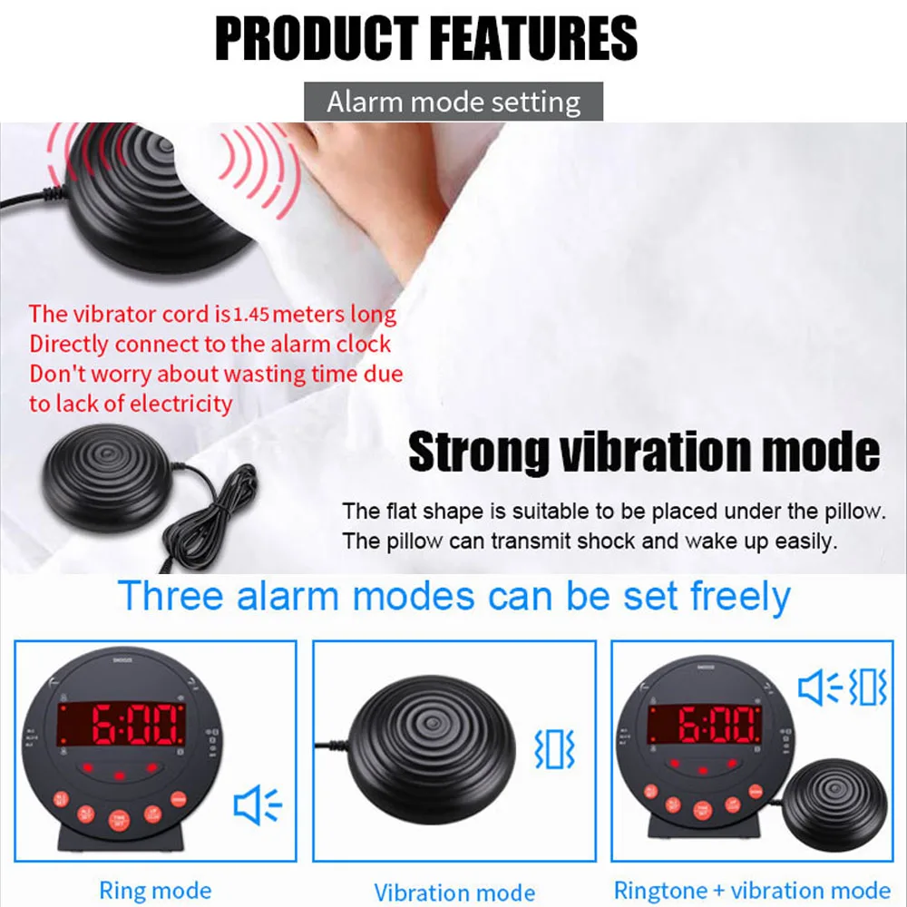 TS-BC600 Loud Vibrating Alarm Clock With Bed Shaker Flash Light Brightness Adjustable Black Dual Alarm Setting USB LED Display 4