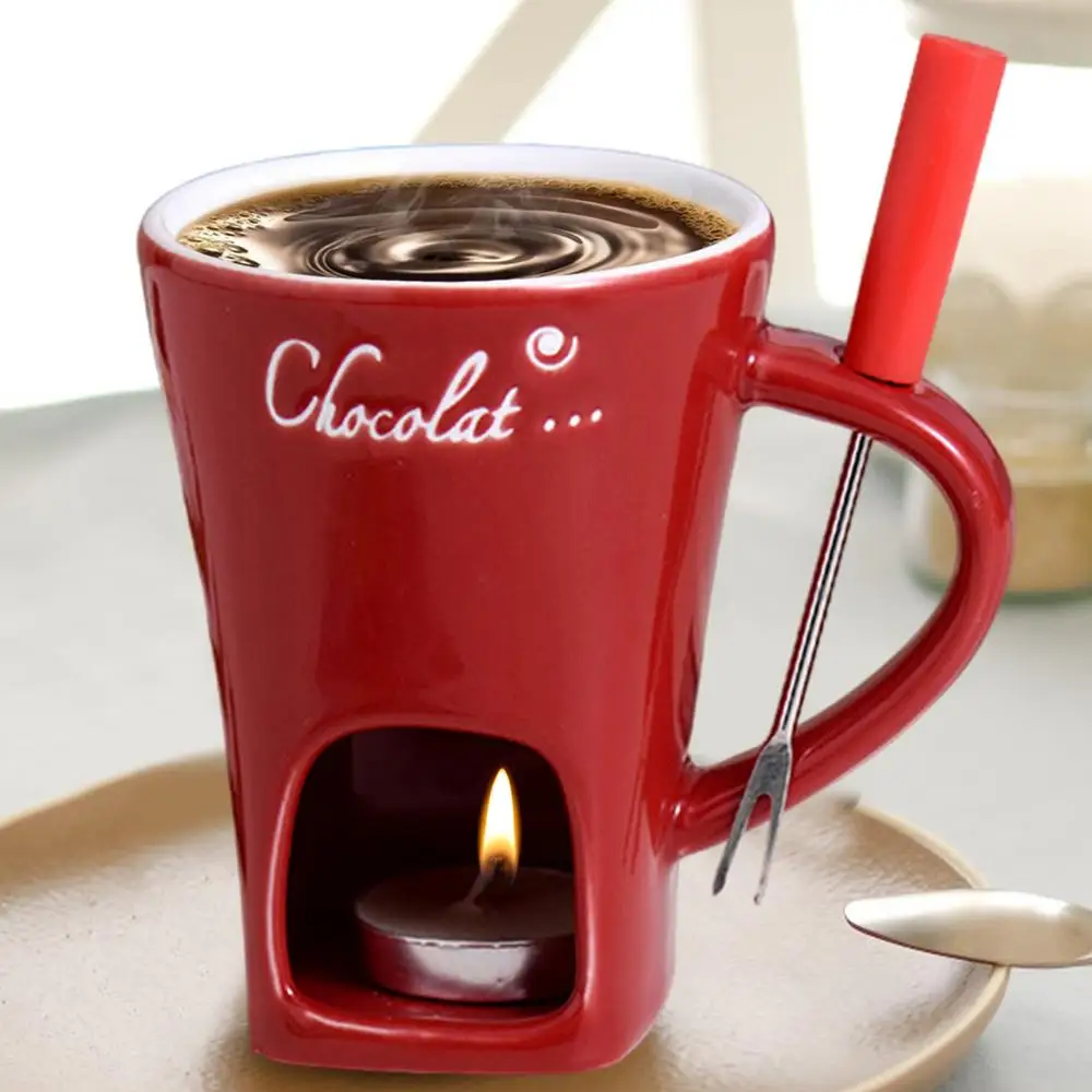 Description Picture 4 of itemHot Pot Ceramic Melting Cup Chocolate Melting Ceramic Mug Tea Candle Fondue Set Ceramic Mug with Fork Creative Tableware