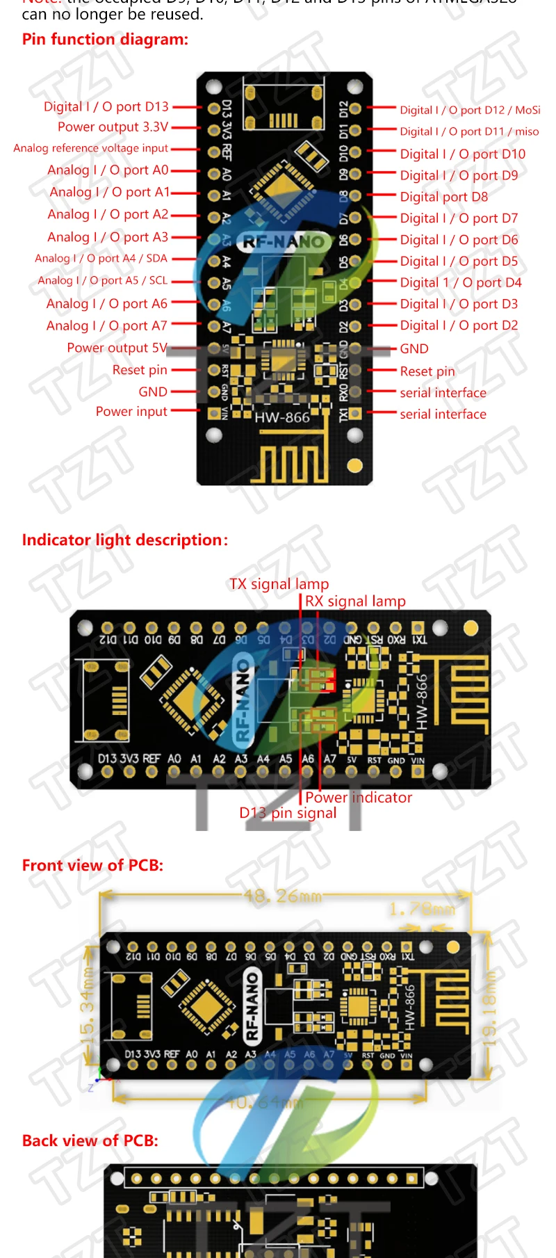 TZT RF-Nano für Arduino Nano V3.0, Micro-USB-Nano-Board ATmega328P QFN32 5V 16M CH340, integriert NRF24l01+2.4G Wireless – Detail 2