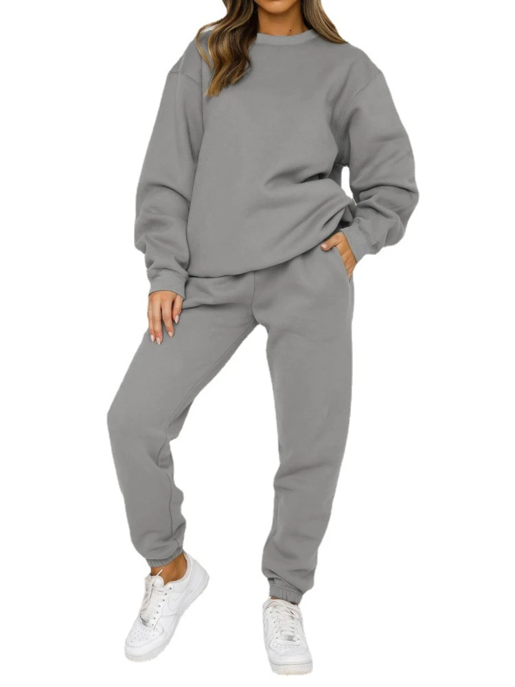 Autumn and Winter Solid Round Neck Pullover Trousers Suit Women's Fashion Casual Long Sleeve Sweater Set Female Sports Clothing