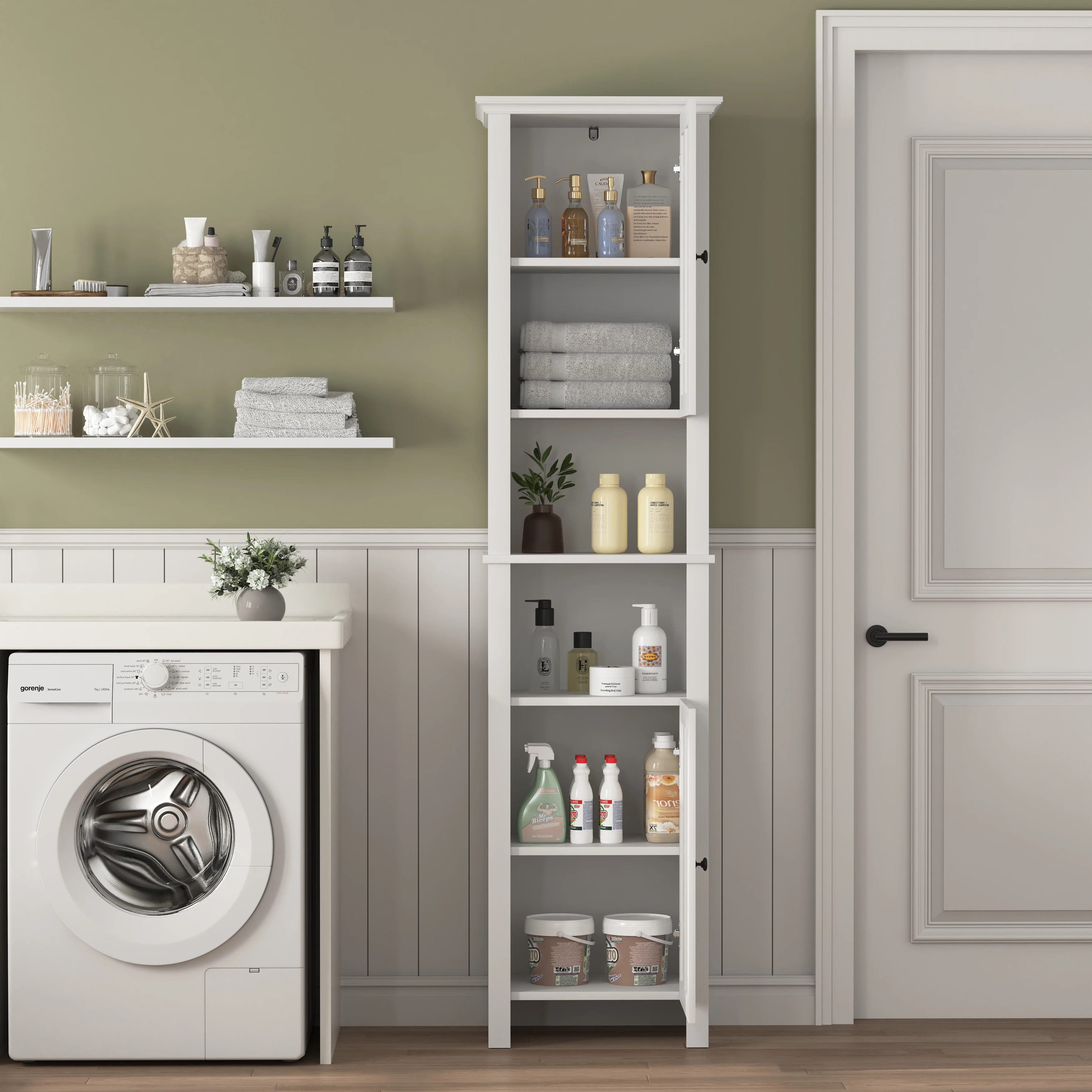 Modern Style 6- Shelf Wooden Bathroom Floor Storage Cabinet 2-Door Living Room Furniture 15.75 X 11.81 X 66.93 Inch For Bedrooms