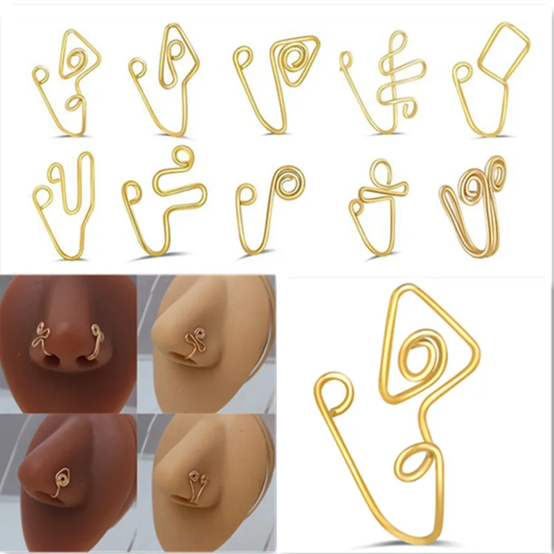 

Multicolor Crystal Natural Gravel Hand Nose Ring Clip Set 18K Gold Non-perforated Butterfly Love False