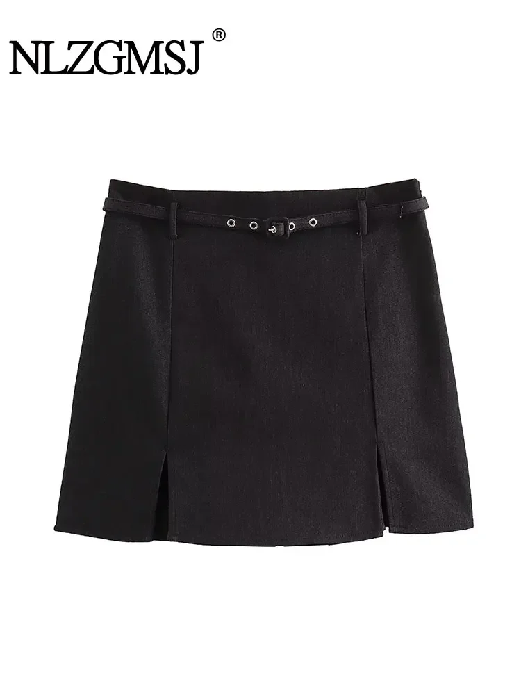 

Nlzgmsj TRAF Women Fashion With Belt Front Vents Shorts Skirts Vintage High Waist Side Zipper Female Skorts Mujer