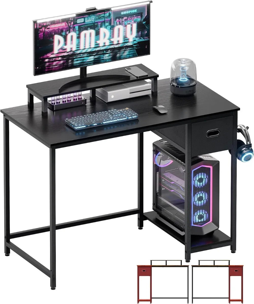 Pamray 39 Inch Computer Desk with Monitor Stand Small Home Office Desks with Non-Woven Storage Drawer for Bedroom Study Table home computer monitor riser stand w phone holder computer desk organizer laptop desk storage drawer locker