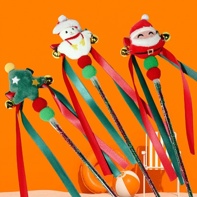 4 Pcs Cats Interactive Stick Toy Snowman Santa Claus Christmas Tree Cats Playing Teaser Toy Tassels Wand Chasing for Cat