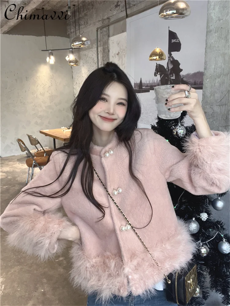 

Милые модные женские розовые пальто в китайском стиле, осенне-зимние универсальные шерстяные куртки для женщин с жемчужной пряжкой