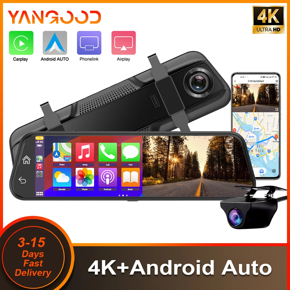 양굿 10인치 4K 미러형 블랙박스 무선 카플레이 & 안드로이드 오토 지원 WIFI GPS 네비게이션 듀얼 렌즈 비디오 레코더 차량용 DVR