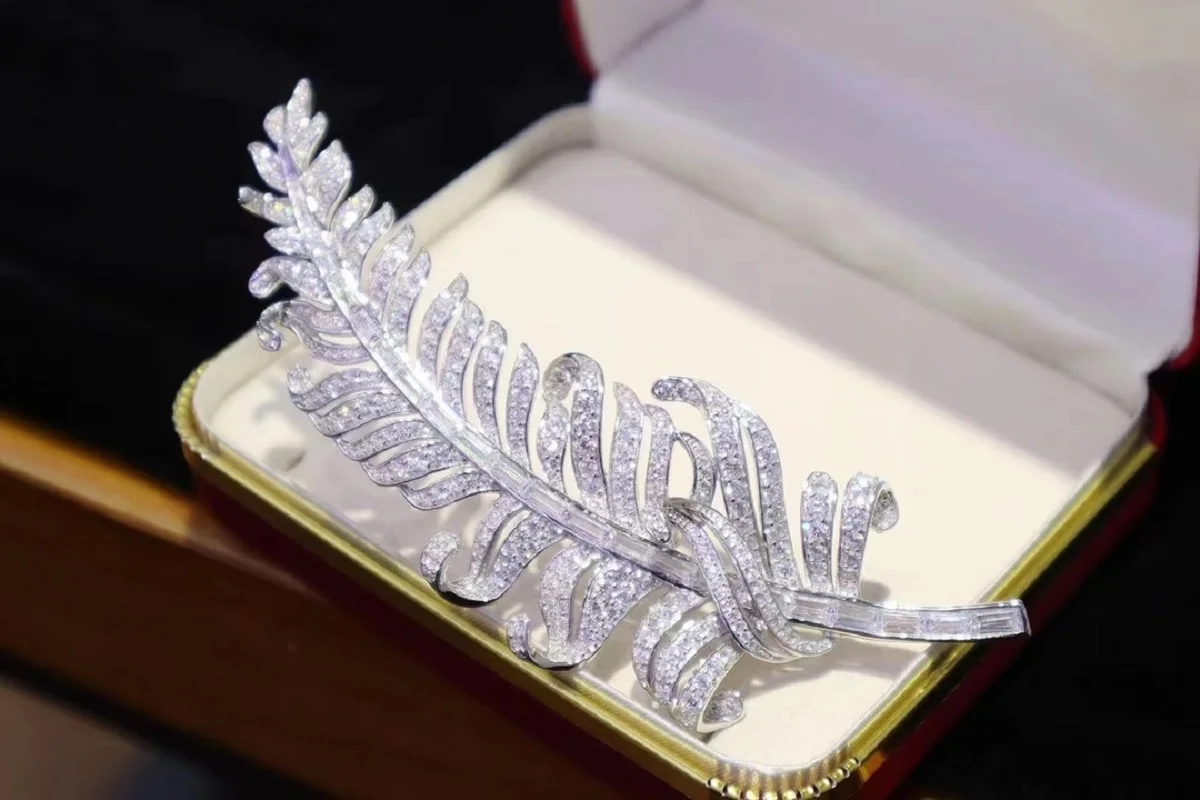 Pirmiana New 37×104mm S925 Silver White Feather Brooch Cubic Zircona Gemstones Fashion Jewelry
