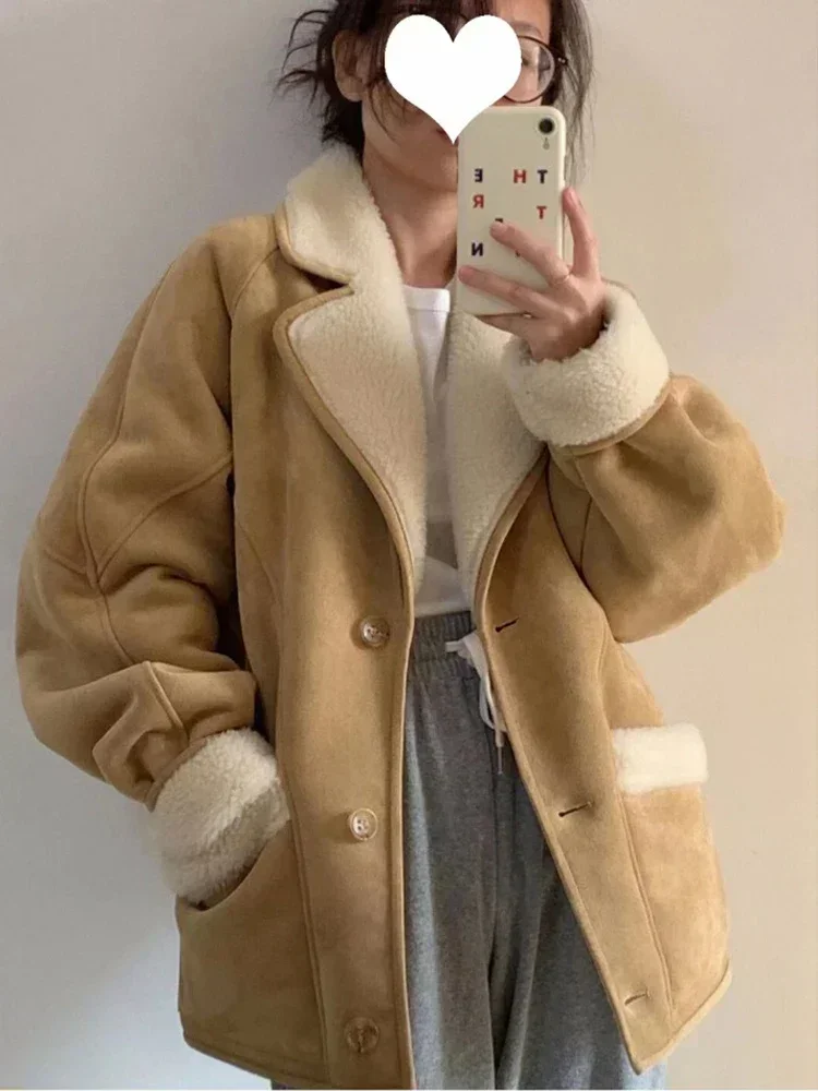 Fashion Lamb Wool Leather Jacket for Women Elegant Lapel Thicken Warm Overcoat New Chic Suede Short Coat Lambskin Outwear men s leather gloves sheepskin real wool mittens women s authentic fur winter thicken windproof cold proof driving cycling