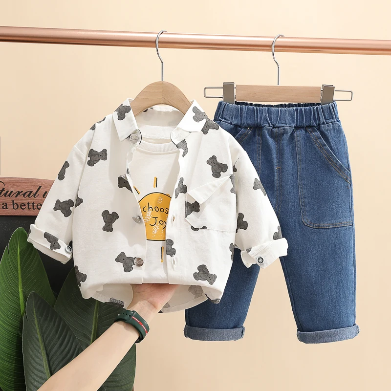 

Baby Boys Clothing Sets 2022 Autumn Infant Clothes Children Coats T Shirt Jeans Cartoon Bear Kids Sportswear Newborn Outfits
