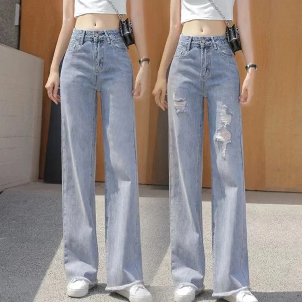 Pants for Woman with Holes Blue Women\'s Jeans Torn Ripped High Waist Shot Trousers Straight Leg Pockets Stretch Pant Hippie Emo