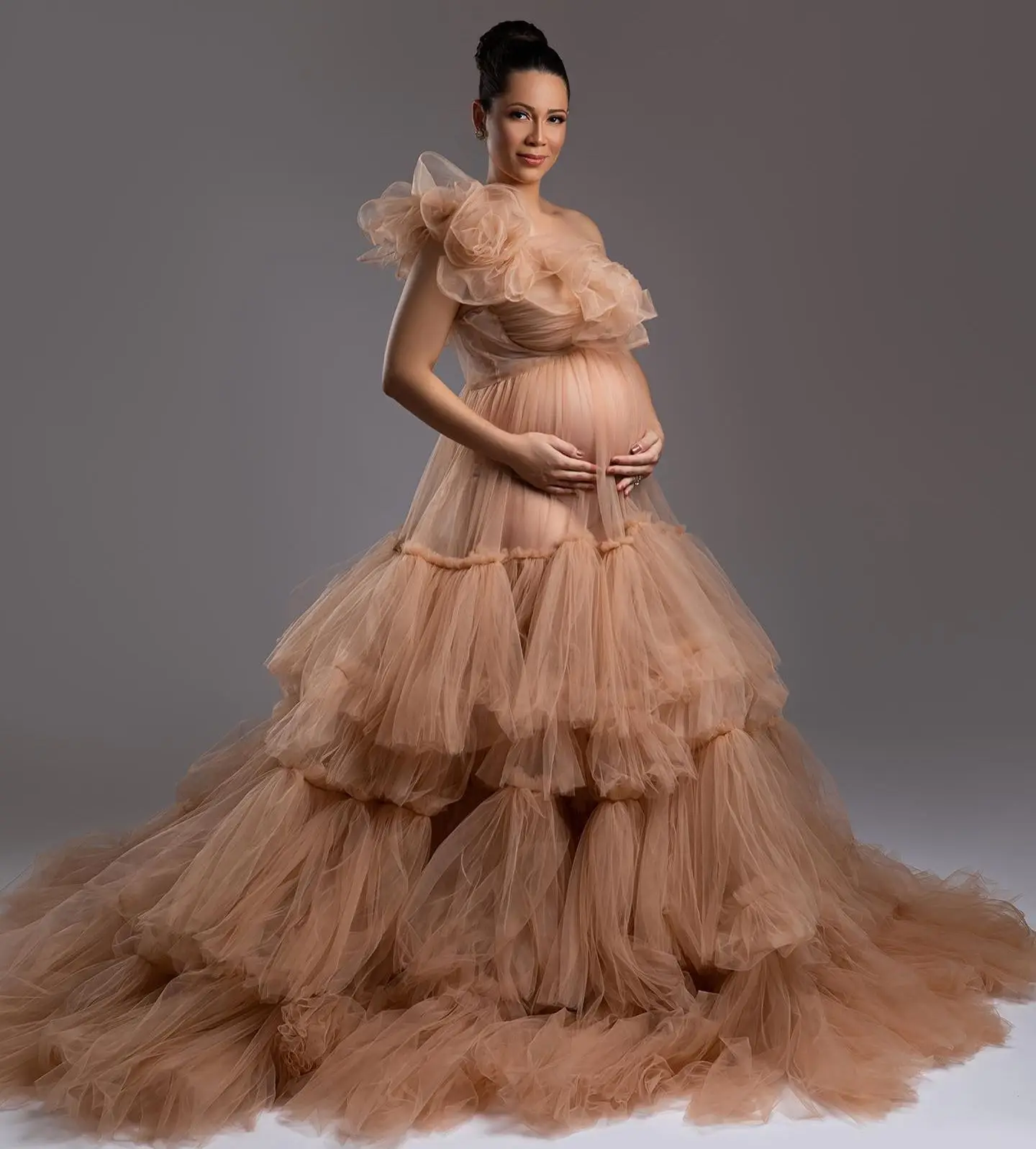 

Tulle Brown Maternity Dresses for Photoshoot One Shoulder Party Dress Babyshower Women Robes Pregnancy Dress Vestido
