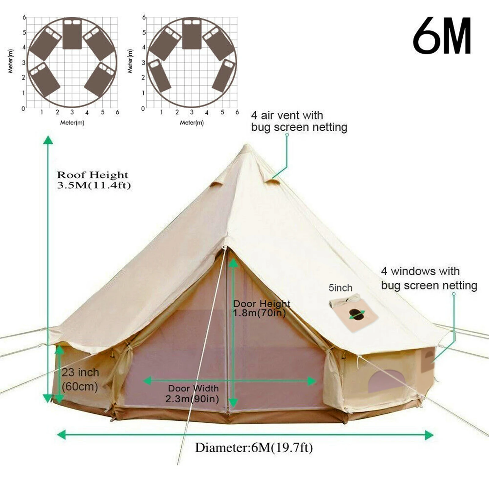 Premium Canvas Bell Tent with Stove Hole / 3m / 4m / 5m / 6m / 7m / 4-12 Persons / Spacious / Durable Glamping & Camping Tents 9