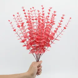 Set of 5 Artificial Gold Eucalyptus Stems for Wedding and Home Decor (Red Hanging Frost)