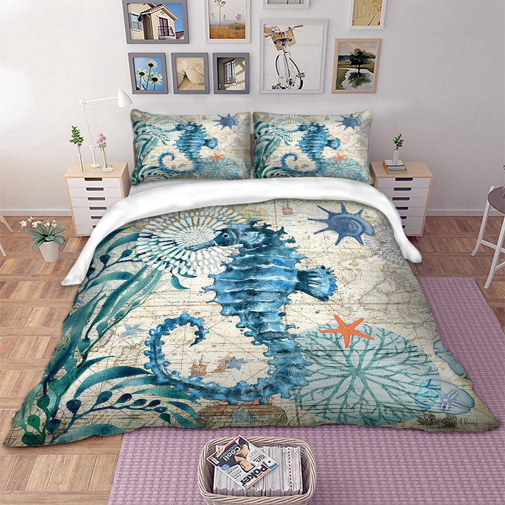 Mediterranean Style Sea Horse Bedding Set Double Print Starfish,seaweed