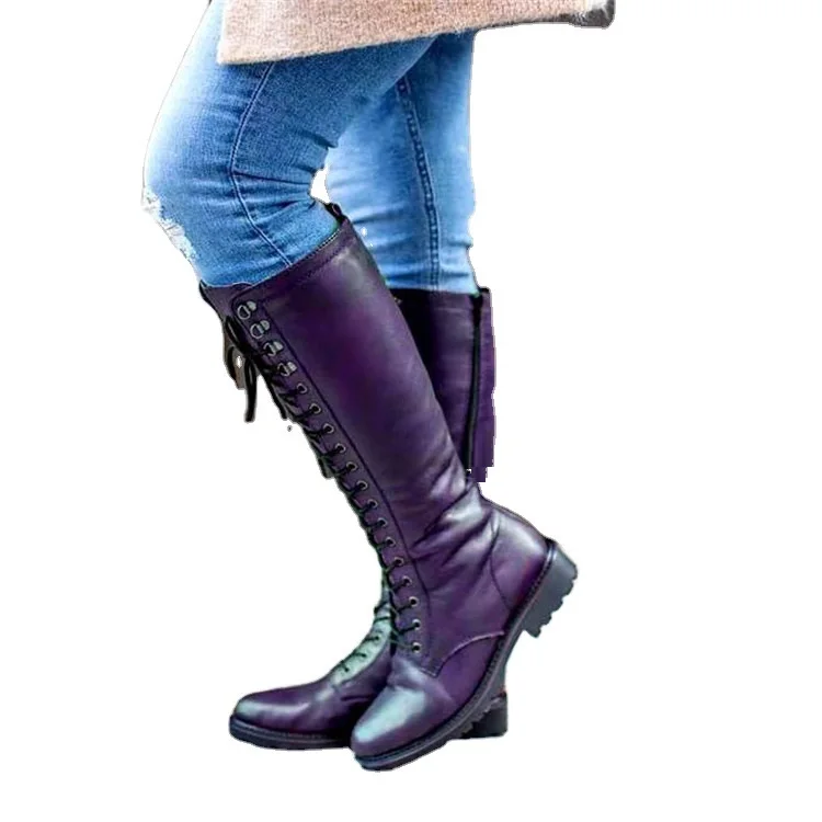 Knights Women's Boots Flat Bottomed Boots Winter New Round Head Side Zipper Large Square Heel Long Leg High Tube