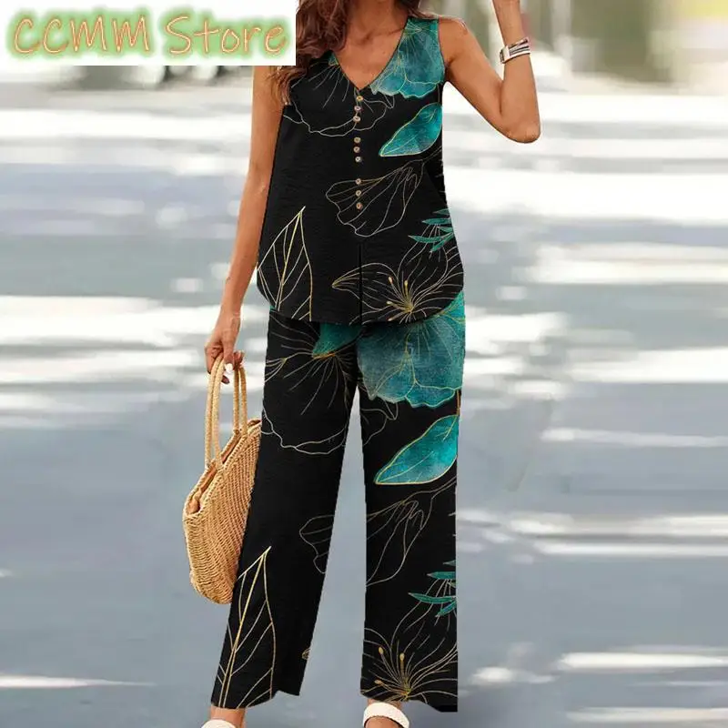 New Fashion Sleeveless Tank Top Button Wide Leg Pant Suits Lady V Neck Office Outfits Summer Female Streetwear Two Piece Sets
