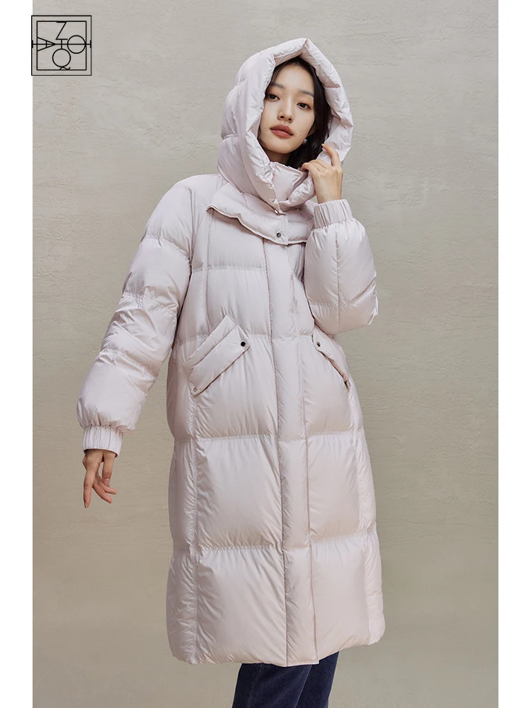 ZIQIAO Commuter Style Pink Long Down Jacket for Women 2023 New Winter Straight Loose Warm Hooded White Duck Down Coats Female