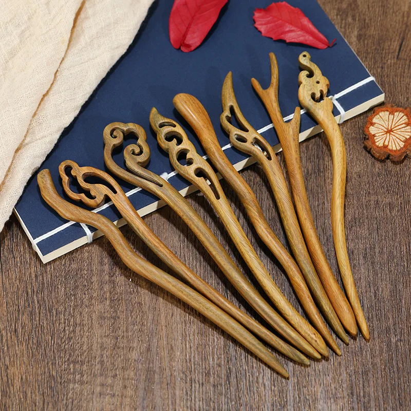 

1pcs Simple Wooden Pan Hairpin Vintage Handmade Green Sandalwood Hairpin for Daily Hairpin Headwear Hair Ornaments