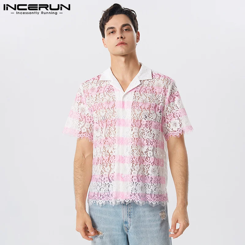 

INCERUN Tops 2023 American Style Men Fashion Lace Printed Striped Shirts Leisure Streetwear All-match Short Sleeved Blouse S-5XL
