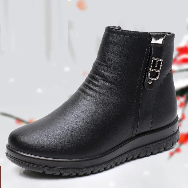 Winter Women Genuine Leather Plush Keep Warm Shoes Female Waterproof Casual Flat Snow Boots Grandma Short Boots Big Size 35-41