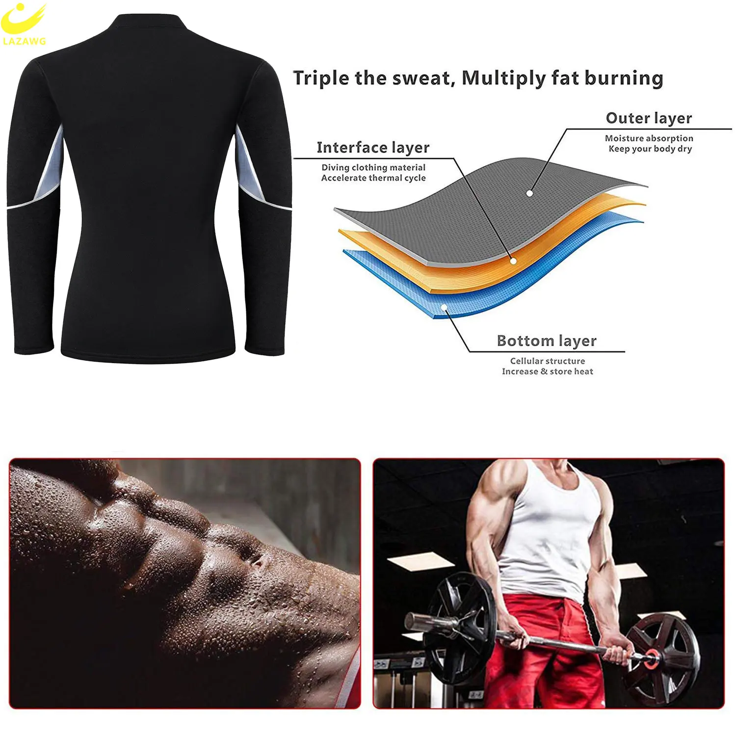 LAZAWG Men Sauna Jacket for Weight Loss Neoprene Sweat Top Slimming Shirt Body Shaper Exercise Sport Workout Fat Burner Gym