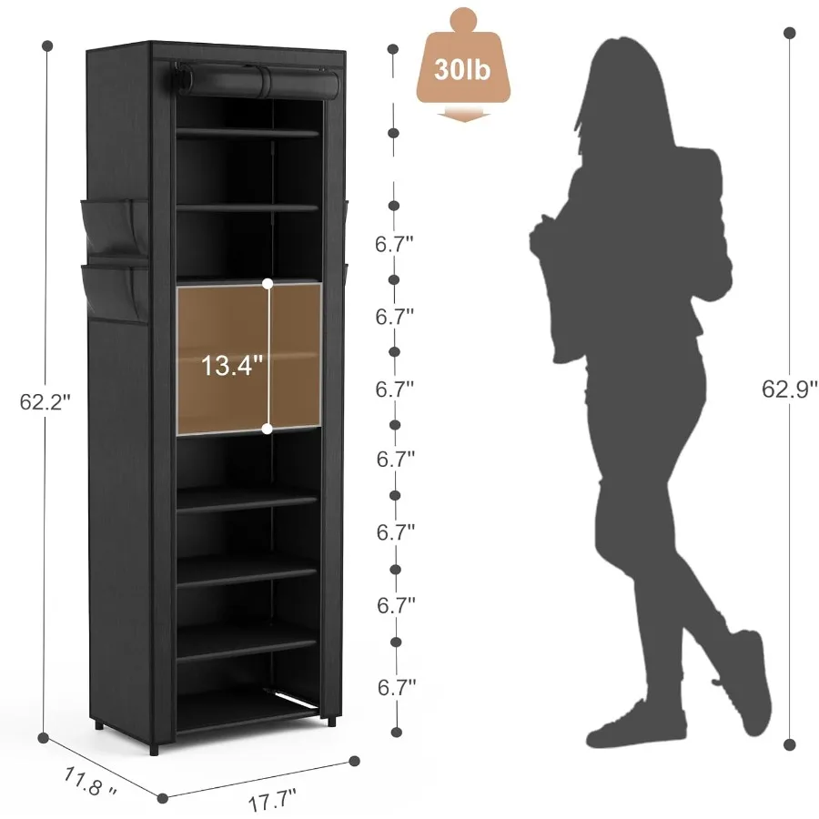 Shoe Rack with Cover Narrow Shoe Organizer with 4 Side Pockets 10 Tier Tall Shoe Storage Holds 1822 Pairs Shoes and Boots Shoe