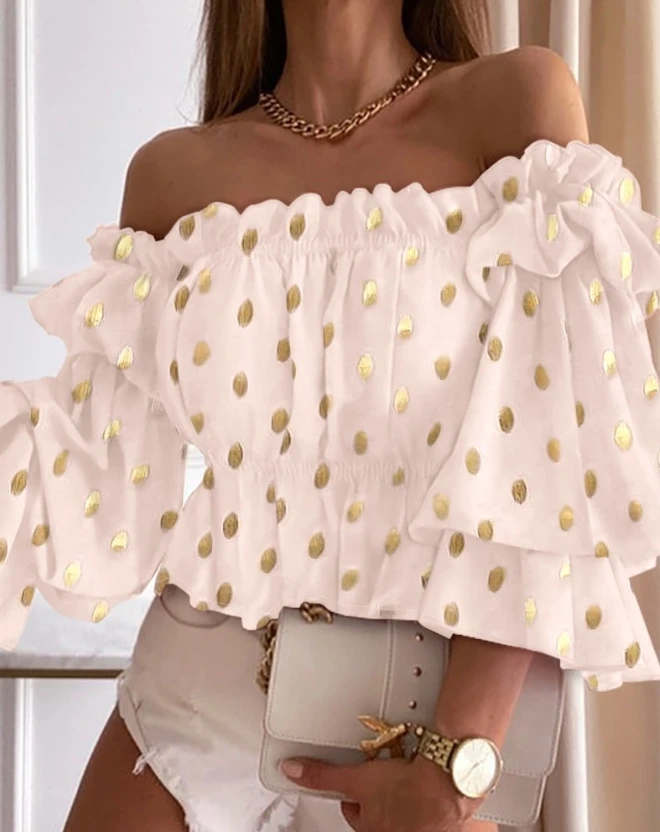 

Women Off Shoulder Tops 2024 Spring Fashion Metallic Polka Dot Print Bell Sleeve Casual Long Sleeve Frill Hem Top Daily Wear