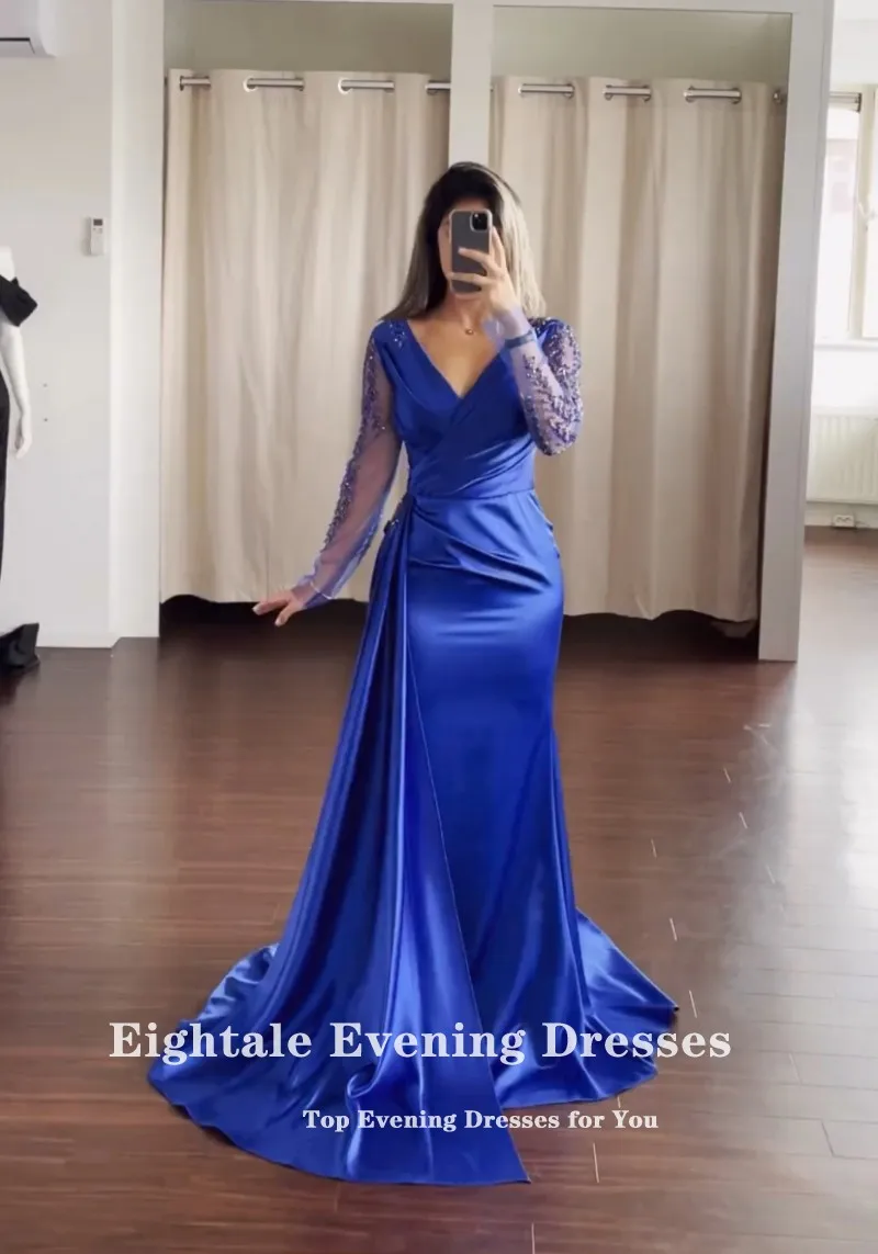 Royal Blue Off the Shoulder V-neck Satin Long Prom Dress Evening Dress –  DaintyBridal