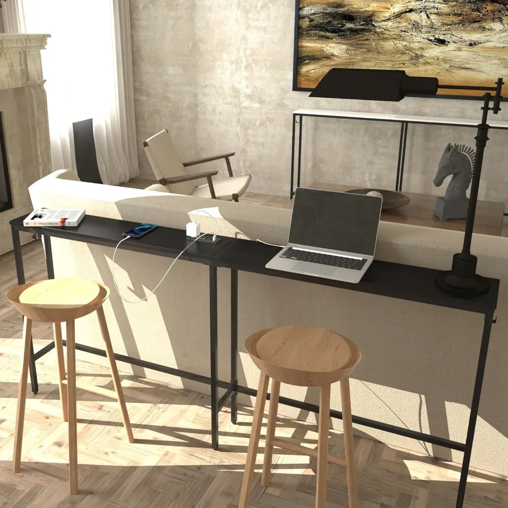 70 Inch Narrow Console Table with Outlet, Skinny Sofa Table Narrow Long Behind Couch
