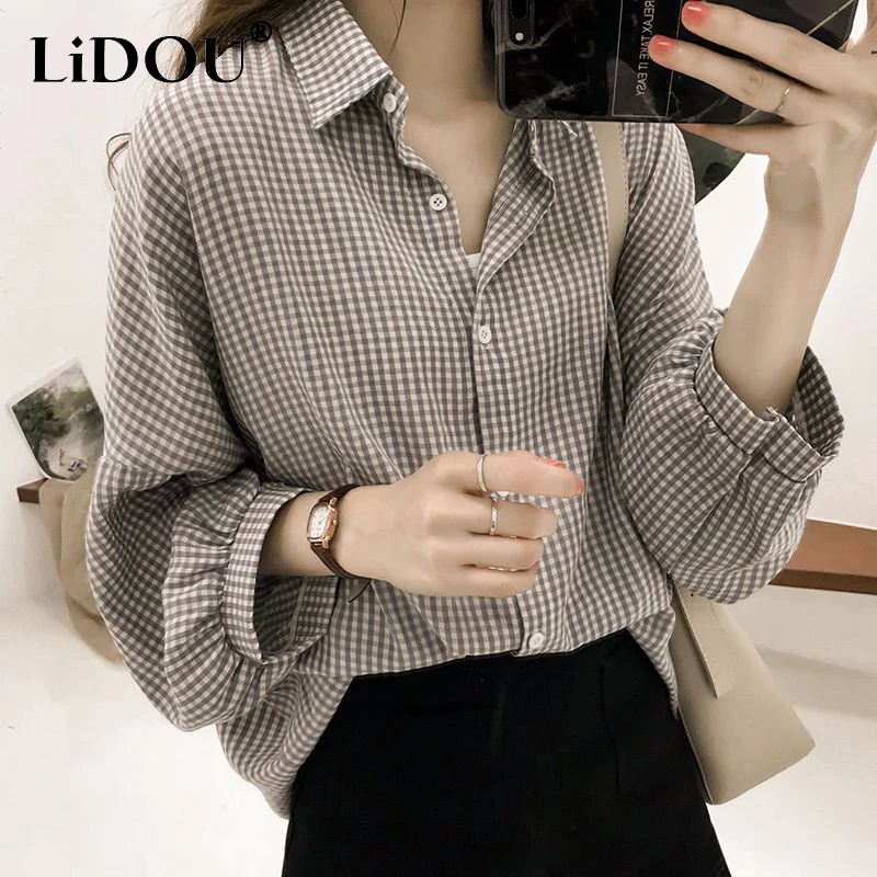 

Women's Shirt Spring And Autumn Single-breasted Loose Polo Neck Long Sleeve Plaid Office Lady Korean Style Popularity Fashion