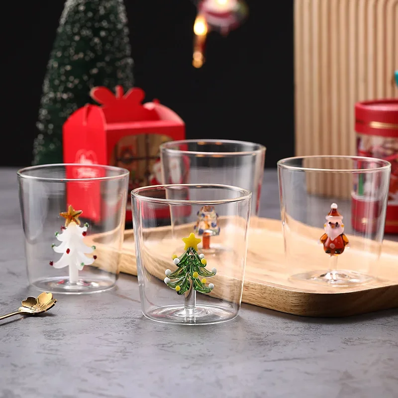 300ml 3D Patterns Christmas Glass Cup Coffee Wine Mug Home Decoration Xmas Glass Christmas Cups Gift with Pearl Cotton