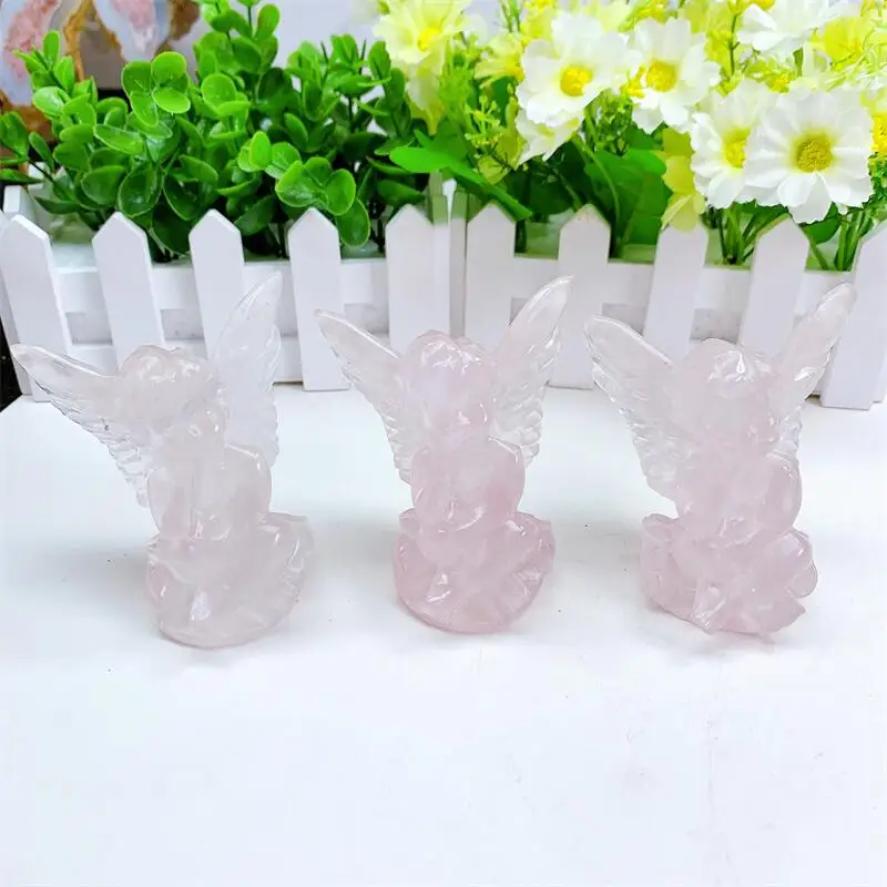 8.5CM Natural Rose Quartz Gemstone Crystal Carving Angel Crafts Lucky Healing Reiki Home Decoration Gift 1PCS