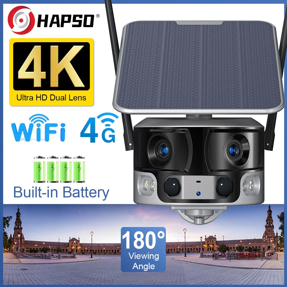 4K 8MP Dual Lens 180° Ultra Wide View Angle 4g Solar Camera Outdoor WIFI 4X Zoom Human Detection CCTV Security Camera Waterproof 5mm 2mp 1080p dual lens 4x zoom wifi endoscope camera side view