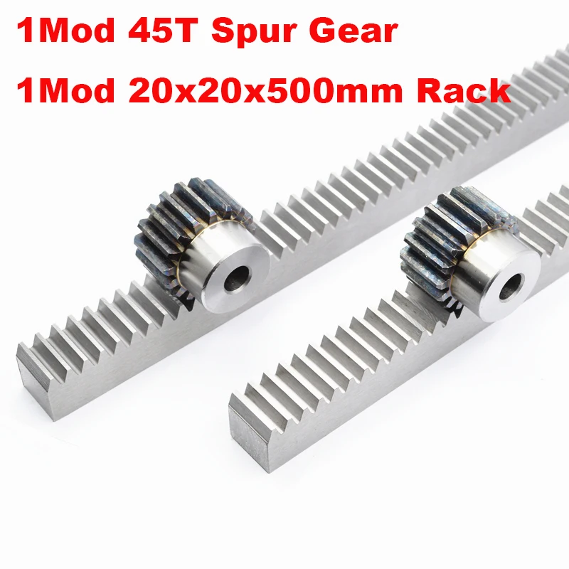 

1PCS 1Mod 1 Modulus Gear Rack Steel 20*20*500mm + 1PCS 1Mod 45teeth Pinion Bore Hole 6/8/10/12mm Steel #45 Gear Metal Gear