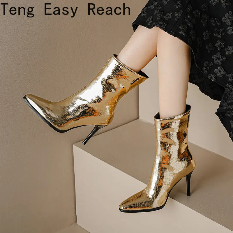 

New Ladies Solid Mid-Calf Boots Fashion Cross-tide Thin High Heels women's Boots Party Office Sexy Woman Shoes Big Size 34-47