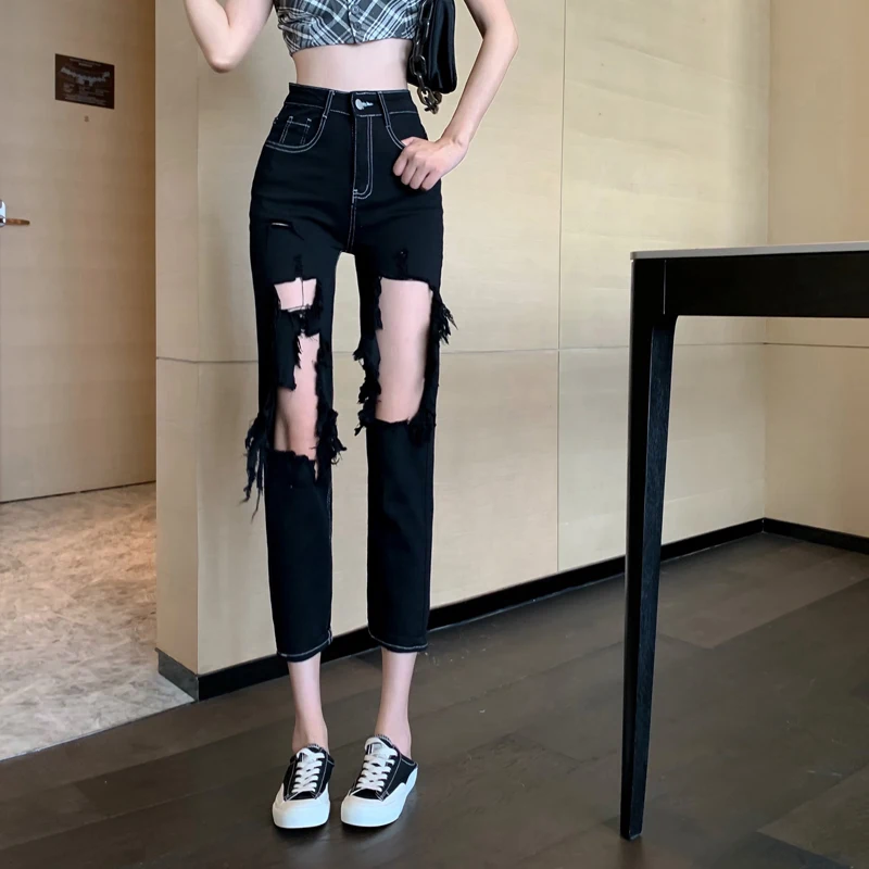 홀 할로우 아웃 데님 와이드 레그 팬스트 여성용, 하이웨스트 미니멀리스트 지퍼 루즈핏 청바지, 새로운 패션