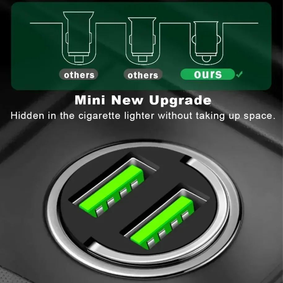 200W Car Dual Port Mini USB Charger Ultra Fast Charging Cigarette Lighter Socket 12-24V Aluminum Cell Phone Charging Adapter