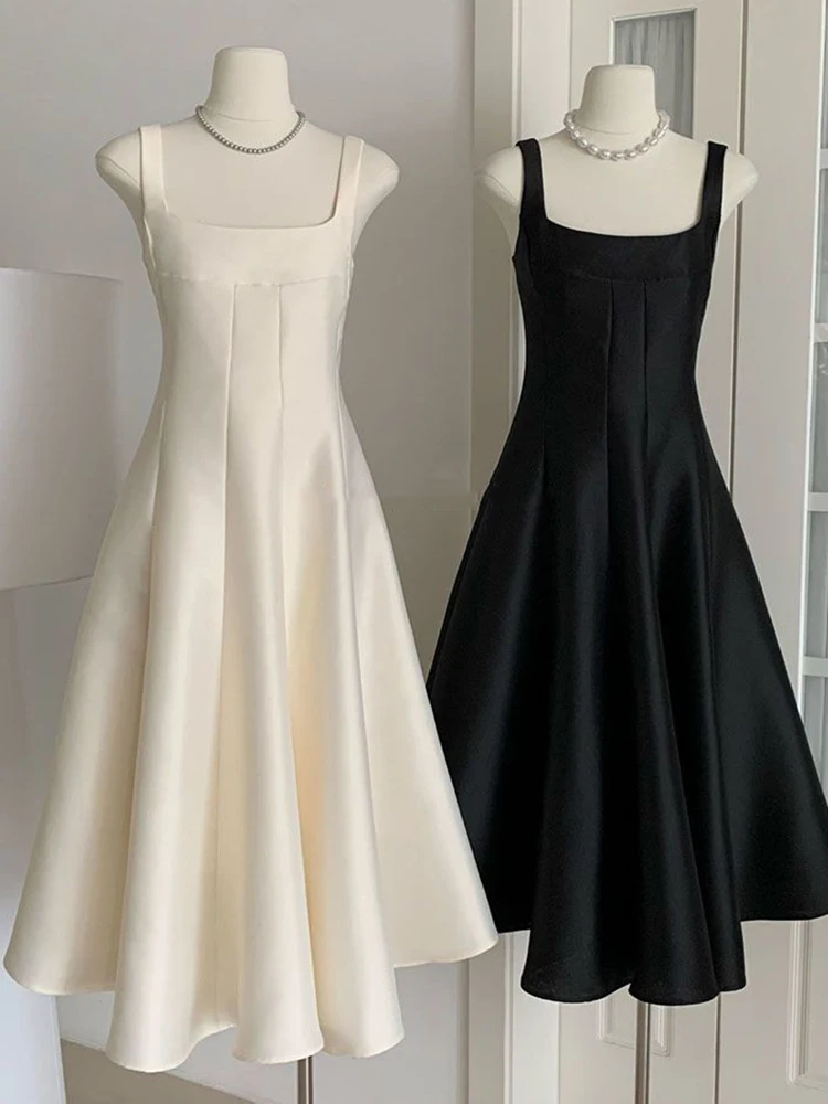

Beige Elegant Pleated Spaghetti Strap Dress Women New Square Collar Sleeveless Fashion Tide Spring Autumn 2024