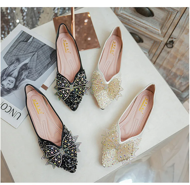 Women Flat Shoes New Pointed Toe Banquet Rhinestones Sequins