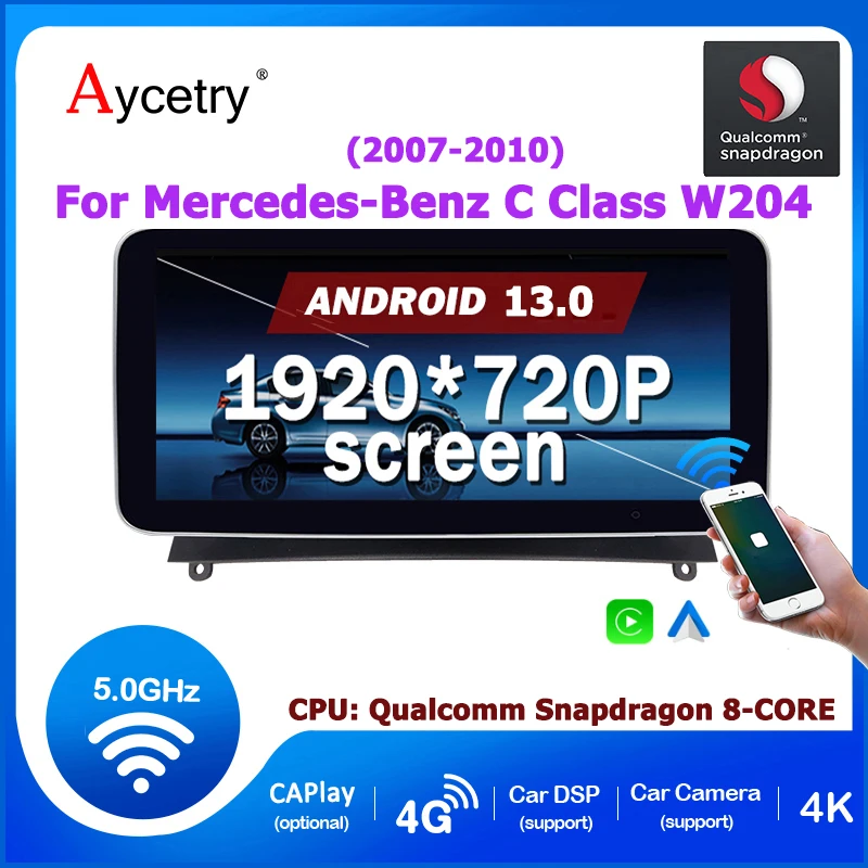 Snapdragon 8 CORE Wireless Carplay Android 13 Auto Car Radio Screen For Mercedes Benz C-Class W204 S204 2007-2010 Multimedia GPS