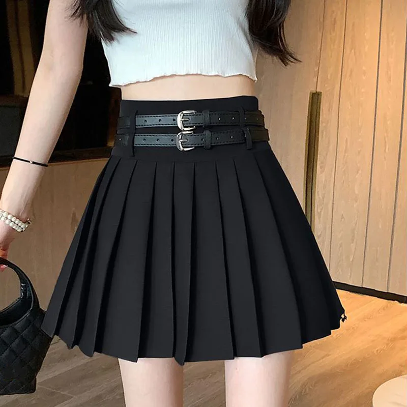 

Harajuku High Waist Mini Skirts for Women College Style Slim Fit Black Pleated Skirt Woman Summer with Lining Belt Short Skirt