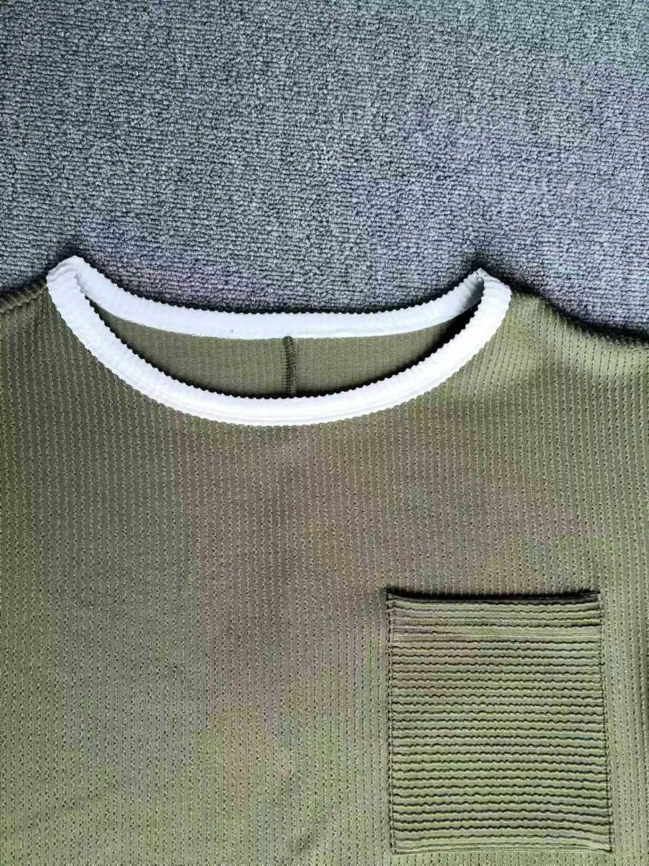 Green Rib Knitted Patchwork Striped Pocket Tshirt for Women