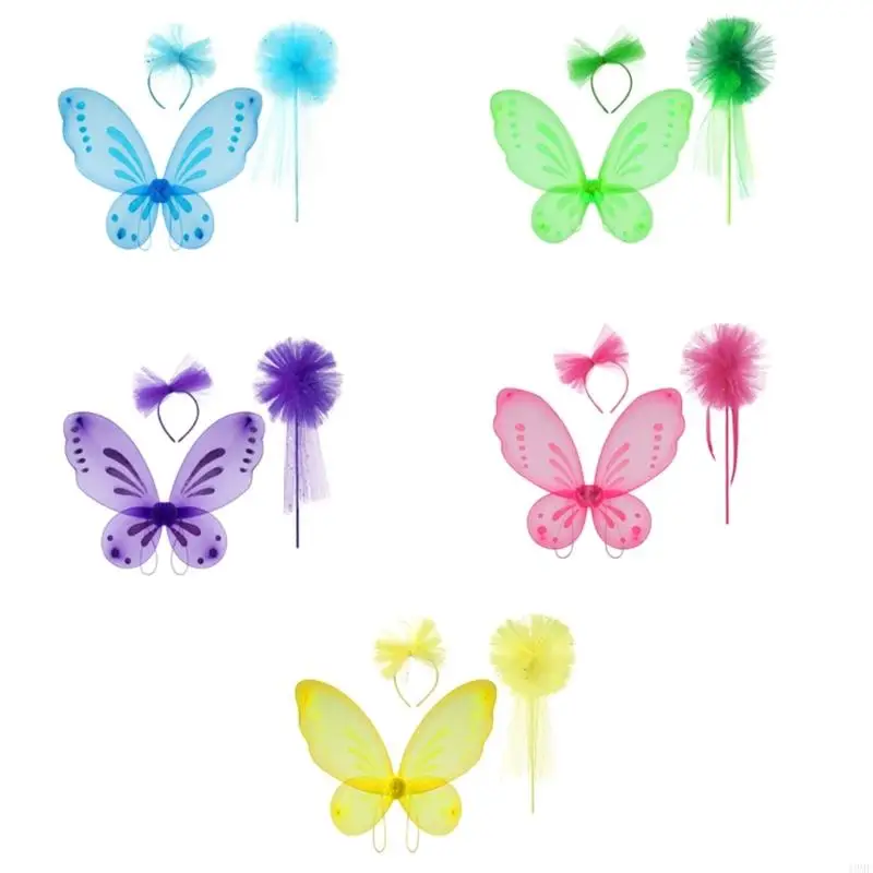 49MF Child Halloween Fairies Wing with Headband and Wand for Kid Birthday Christmas