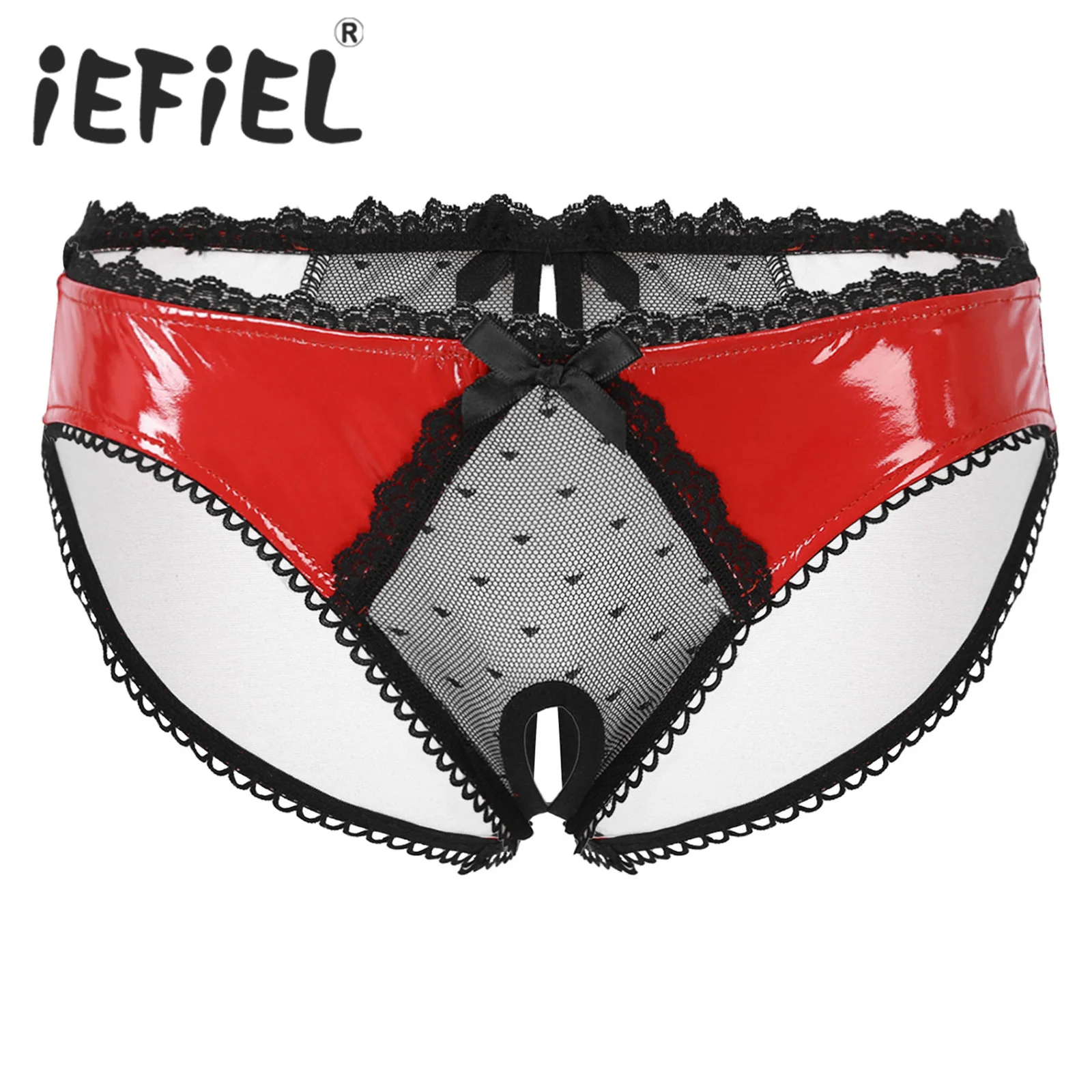 Men Faux Leather Elastic Waistband Brief Underwear Low Waist Bulge Pouch Underpants For Swimming Bathing Pool Beachwear Swimsuit