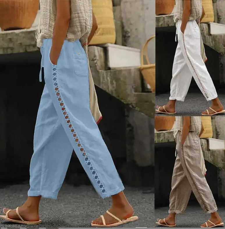 Cotton Linen Pants Rib Leggings Women Side Hollow Lace Design Ankle-Length  Pants Tie-up Sweatpants - AliExpress