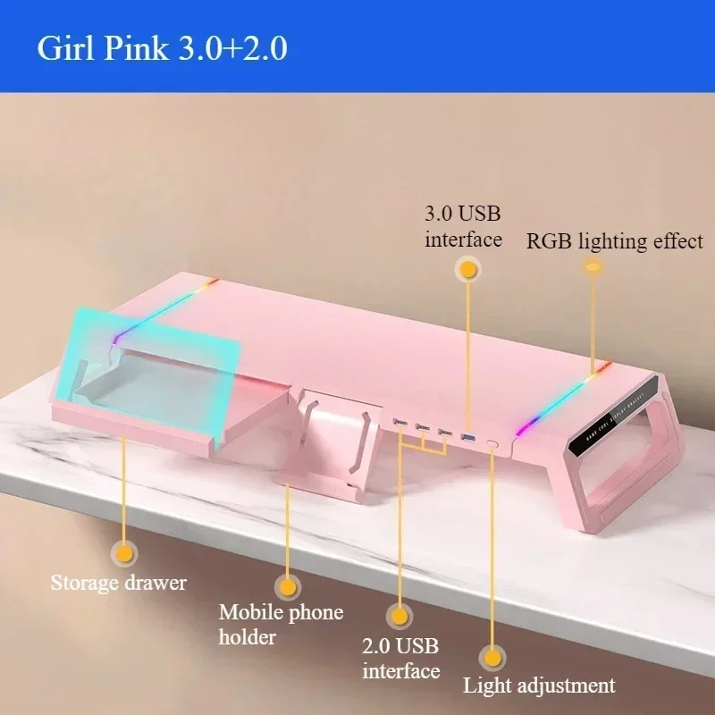 Kurebingzun T1 모니터 스탠드 접이식 데스크탑 라이저(서랍형 휴대폰 홀더 포함) RGB 라이트 4 USB 포트 인체공학적 데스크 정리함