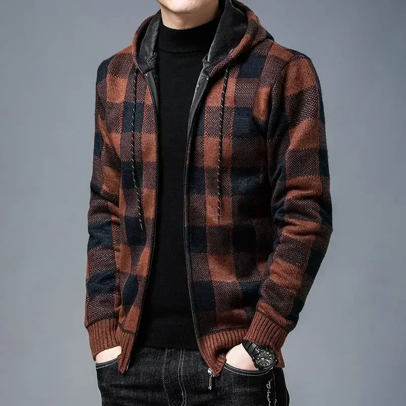 Knitted Sweaters for Men Red Korean Fashion Man Clothes Zip-up Hoodies Coat Cardigan Zipper Jacket Plaid Sweat-shirt Winter 2024